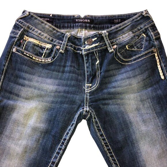 VIGOSS LOW RISE CAPRIS JEANS SZ 29 X 21 BLUE EMBROIDERED THE DUBLIN BLING WOMENS - Picture 4 of 7